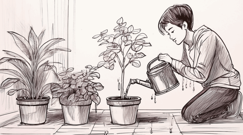 La planta marchita Alguien riega obsesivamente una planta completamente seca mientras ignora otras plantas sanas cercanas.