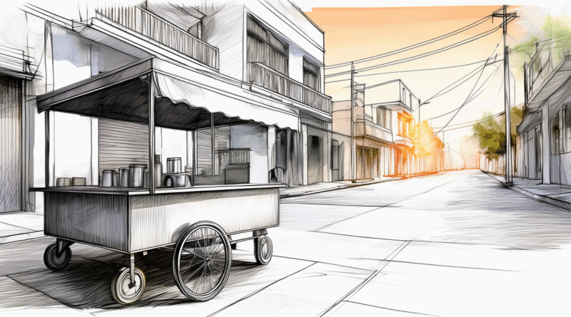 Una esquina cualquiera de una ciudad caribeña. Un carrito de café metálico, algo oxidado. Una silla de plástico vacía junto a él. Al fondo, una calle desierta al amanecer.