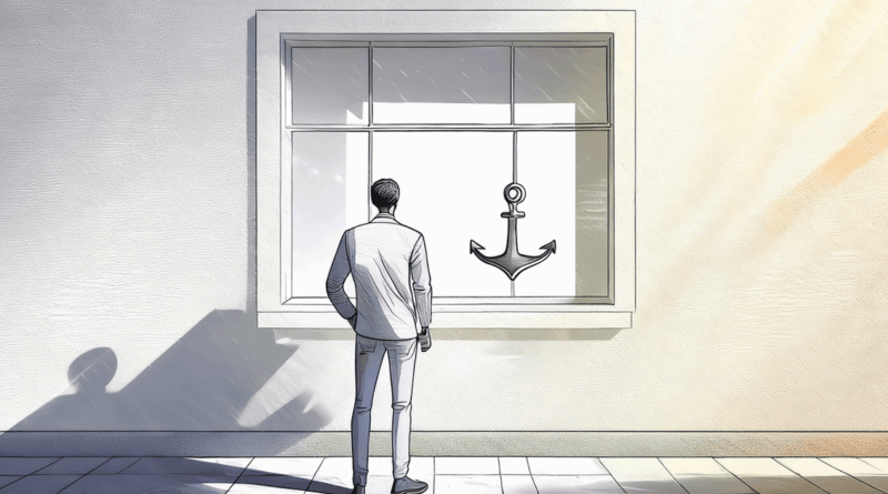 humano Una persona de espaldas frente a una ventana vacía. Su sombra en el suelo tiene forma de ancla. No hay números. No hay luces de tienda. Solo la persona, la ventana y la sombra que no le pertenece.