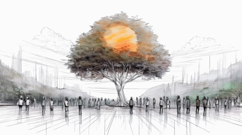 El árbol de los deseos Un paisaje minimalista. Un árbol solitario sostiene un único fruto dorado. Decenas de personas observan el fruto. Nadie presta atención al resto del bosque.
